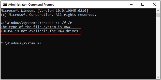 the “CHKDSK is not available for RAW drives” error