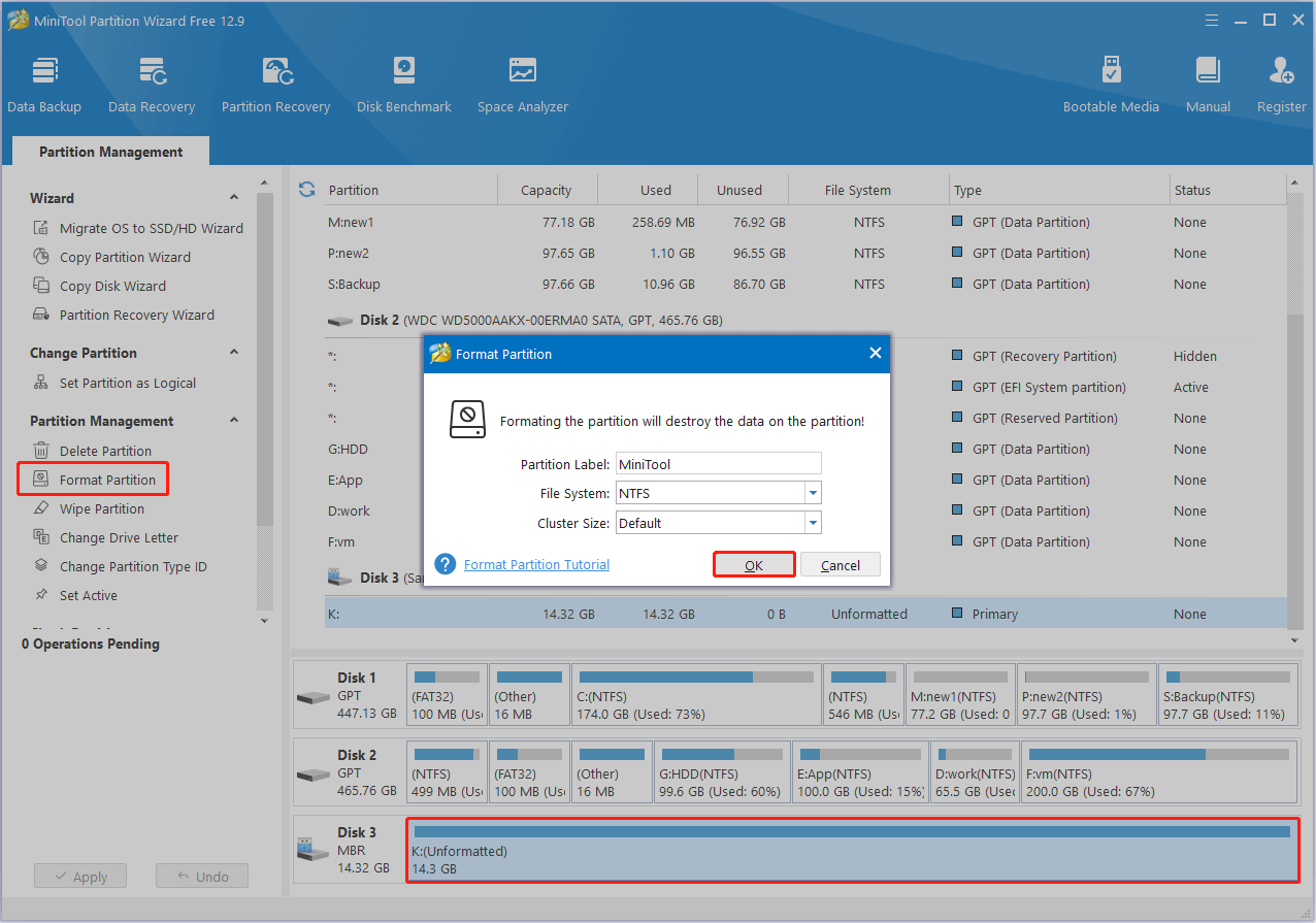 format the partition in MiniTool Partition Wizard