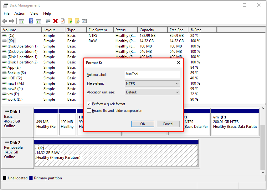 format the RAW drive to NTFS in Disk Management