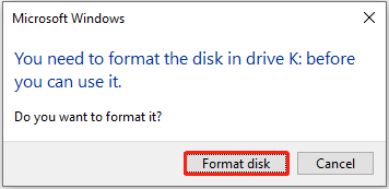 format the disk from the pop-up window