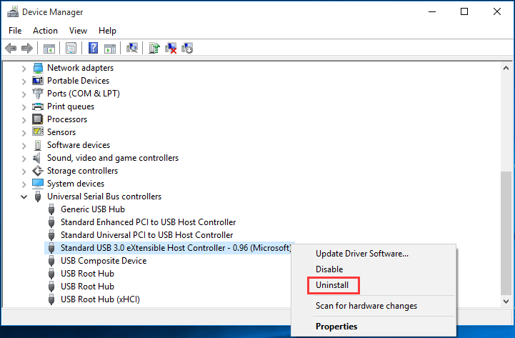 Désinstaller les pilotes USB Windows 10