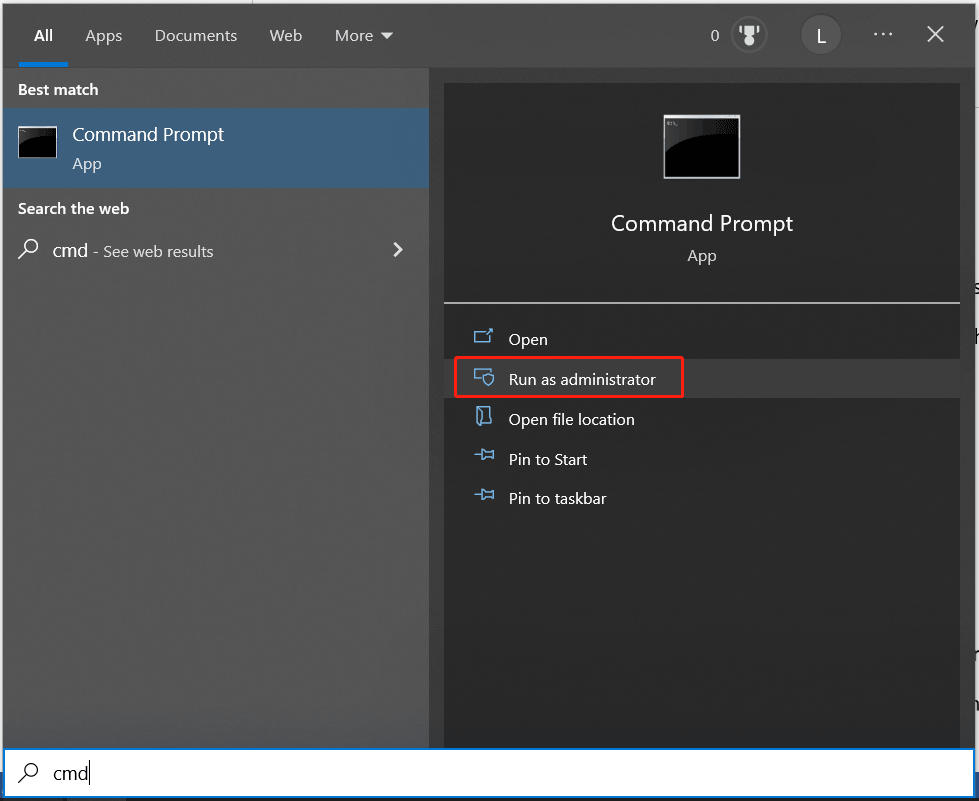 Screenshow showing how to open Command Prompt with admin rights via Search.