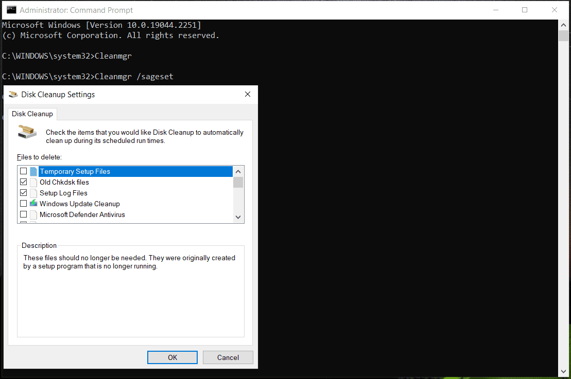 The open Disk Cleanup Settings window for item selection via the Cleanmgr /sageset command.