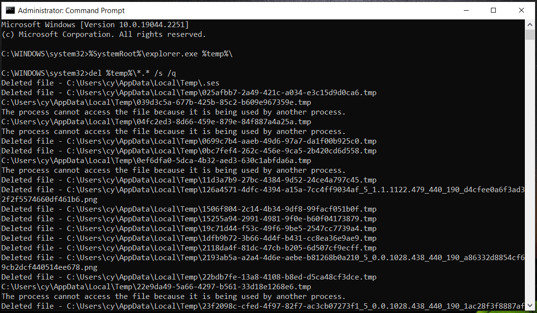 The running del %temp%\*.* /s /q command to delete temporary files.