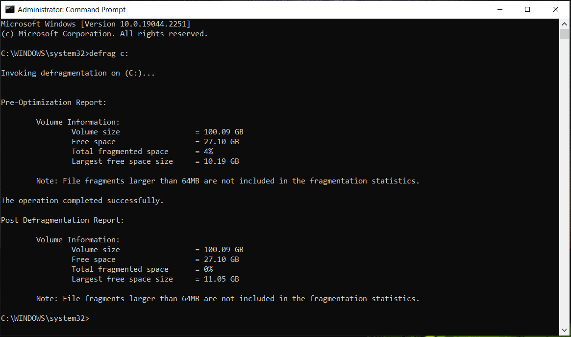 The defrag command to defragment a hard drive.