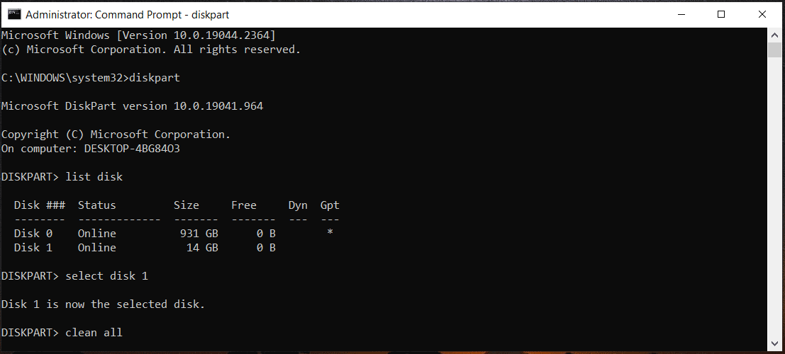 Diskpart clean all command in Command Prompt for disk cleanup.