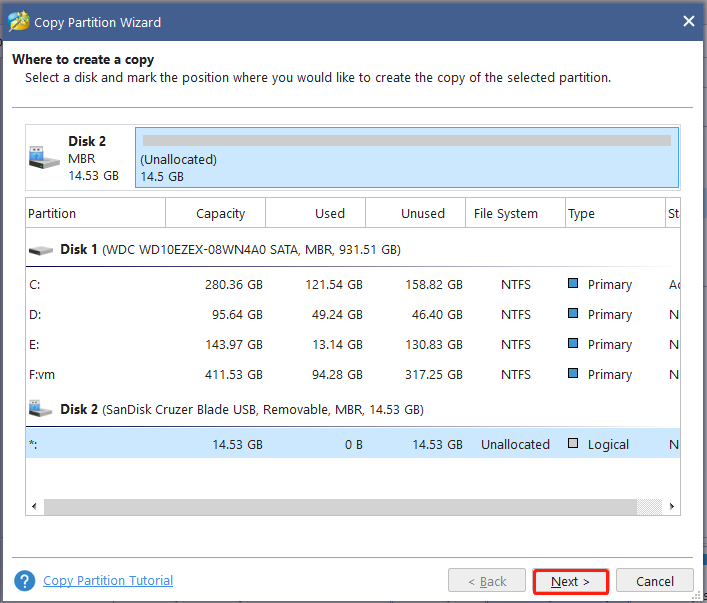 select the target partition on MiniTool