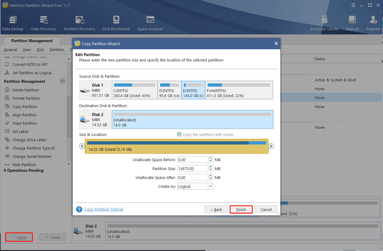 copy partition on MiniTool