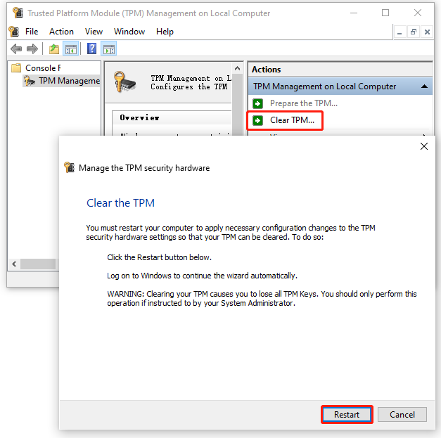 clear TPM using the TPM management tool