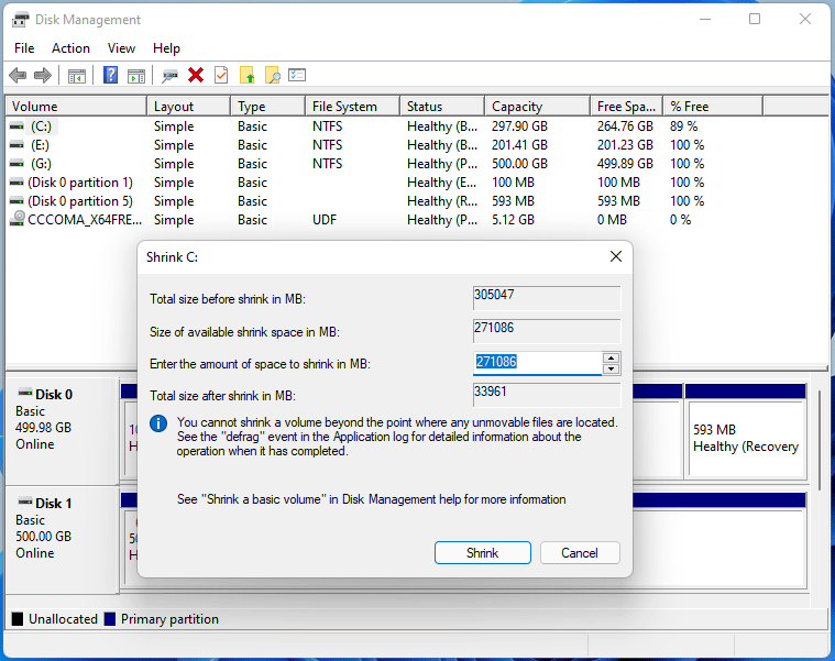 shrink system partition in Disk Management
