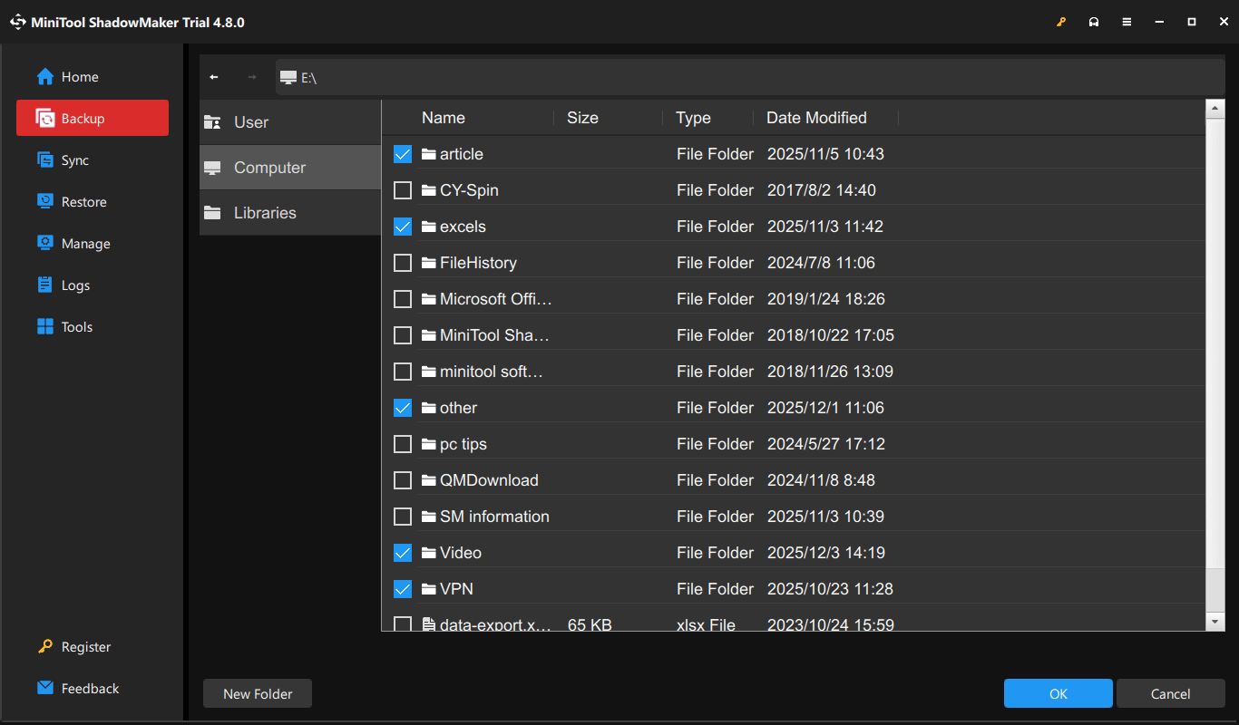 The MiniTool ShadowMaker window with selected files for backup.