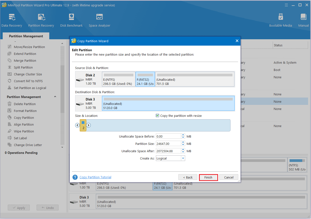Cliquez sur Terminer dans MiniTool Partition Wizard