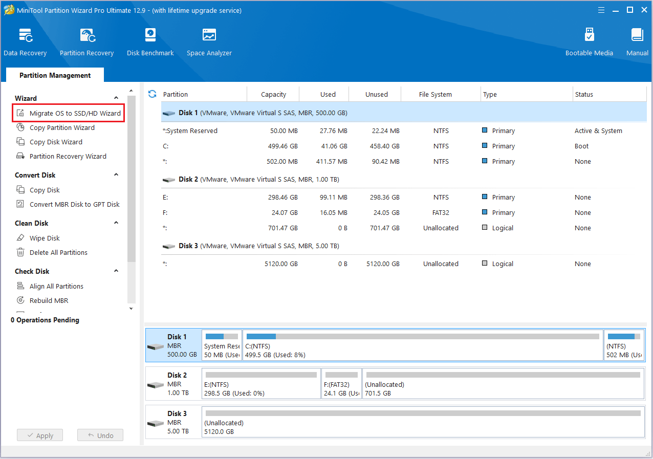 Cliquez sur « Assistant de migration du système d'exploitation vers SSD/HDD » dans MiniTool Partition Wizard.
