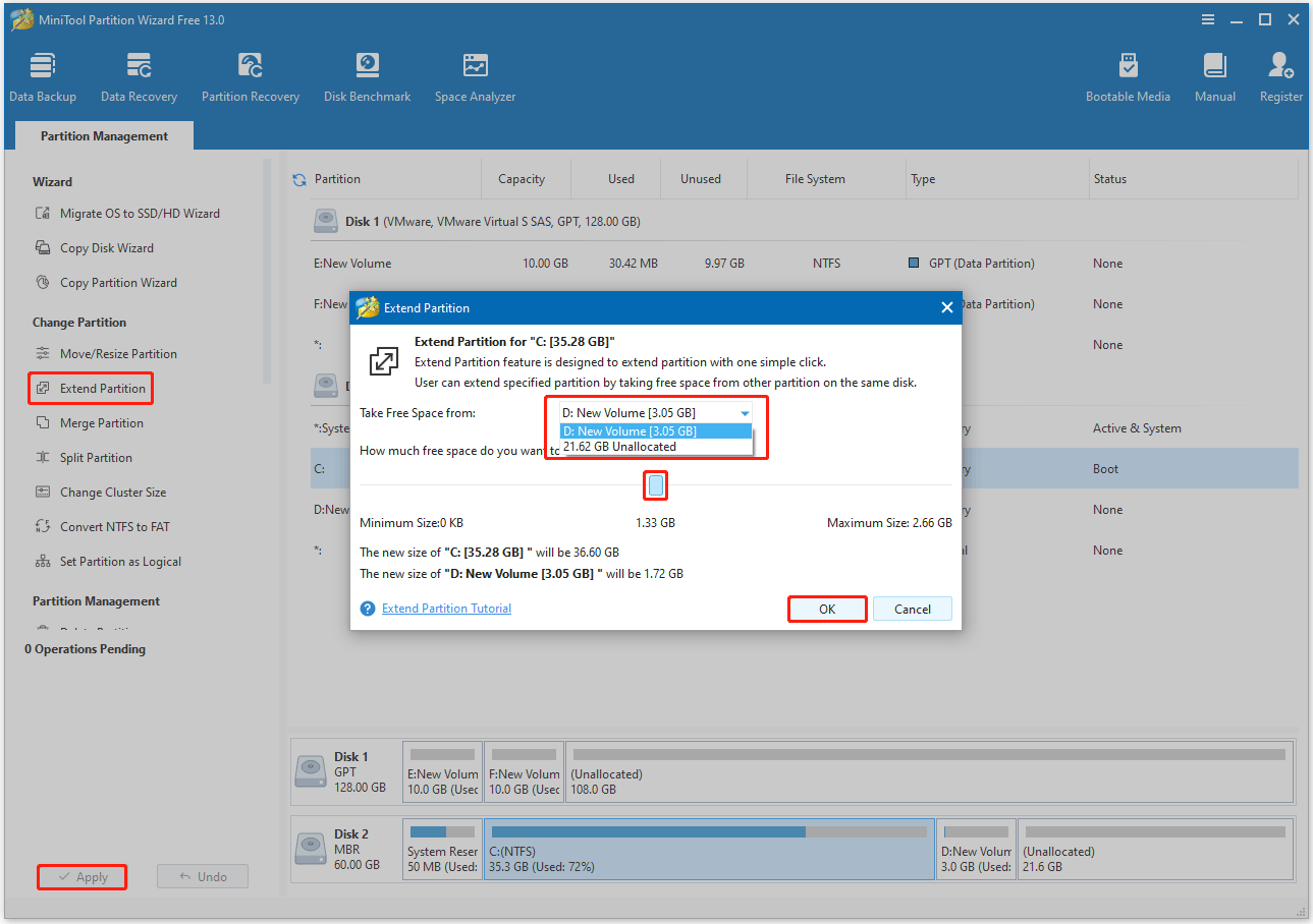 Le processus d'extension d'une partition à partir d'une autre partition ou d'un espace non alloué dans MiniTool Partition Wizard.