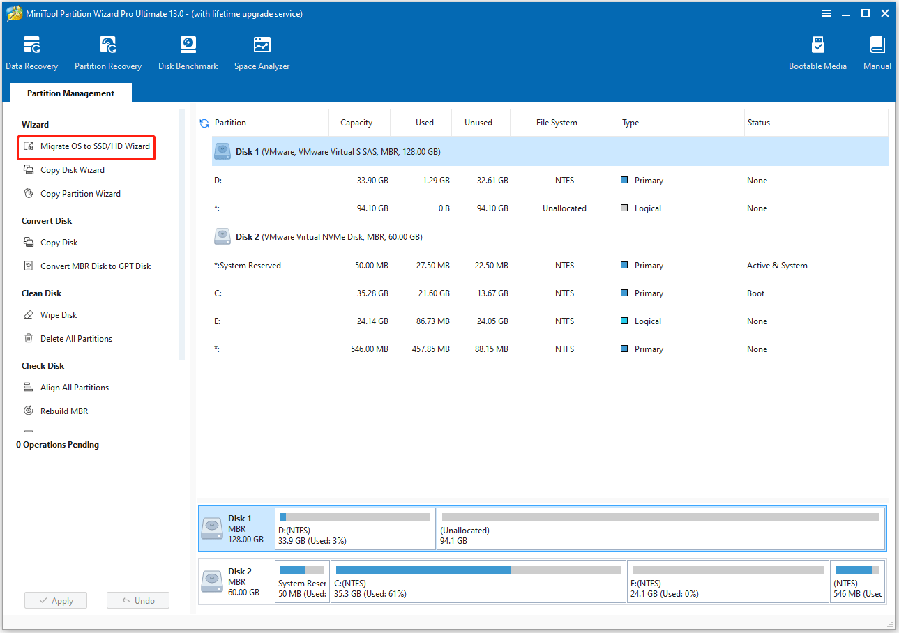 La fonctionnalité « Migrer l'OS vers un SSD ou un disque dur » est sélectionnée dans le panneau d'actions de gauche de l'interface de MiniTool Partition Wizard.