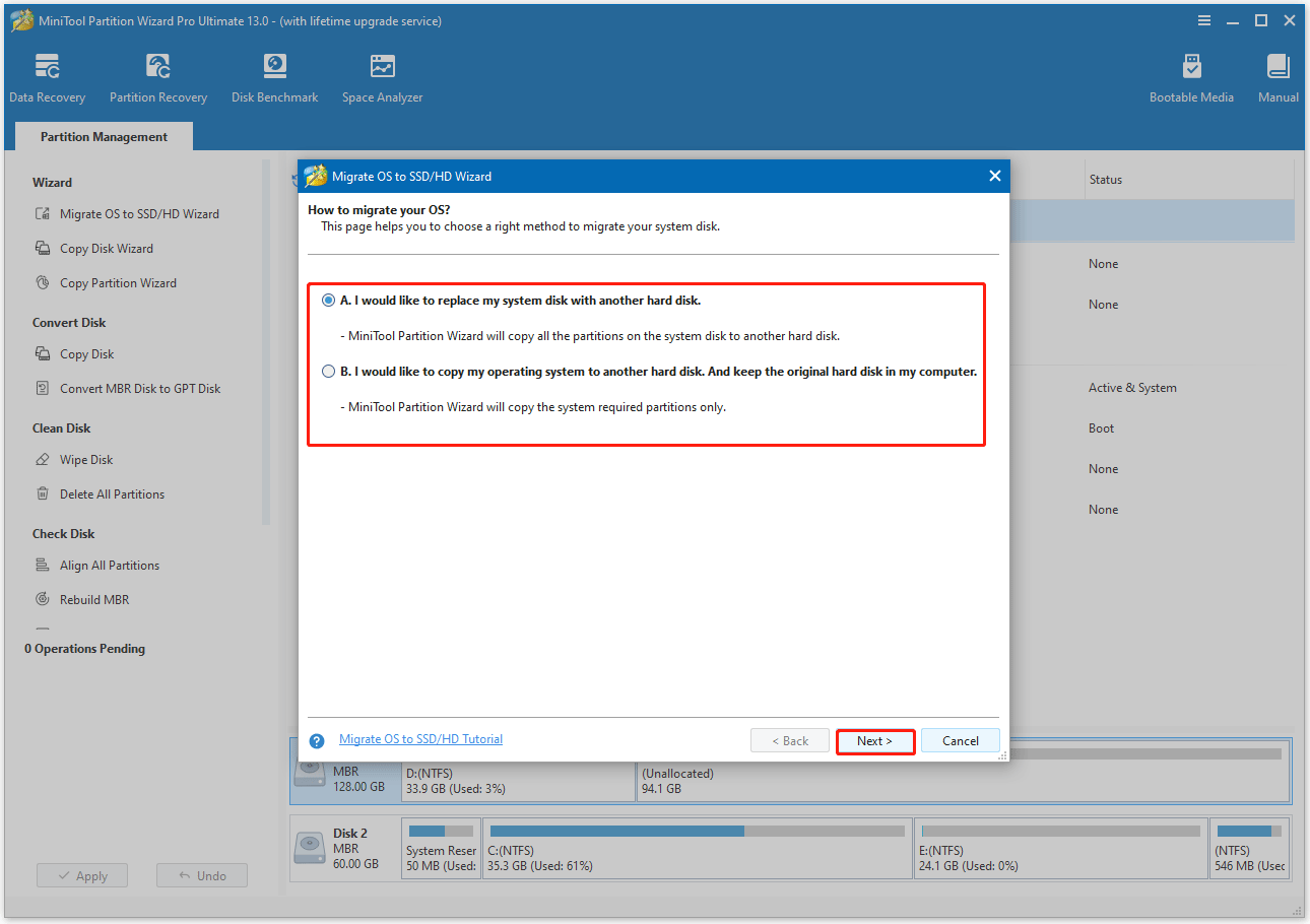 Interface de MiniTool Partition Wizard affichant le processus de sélection d'une méthode de migration.