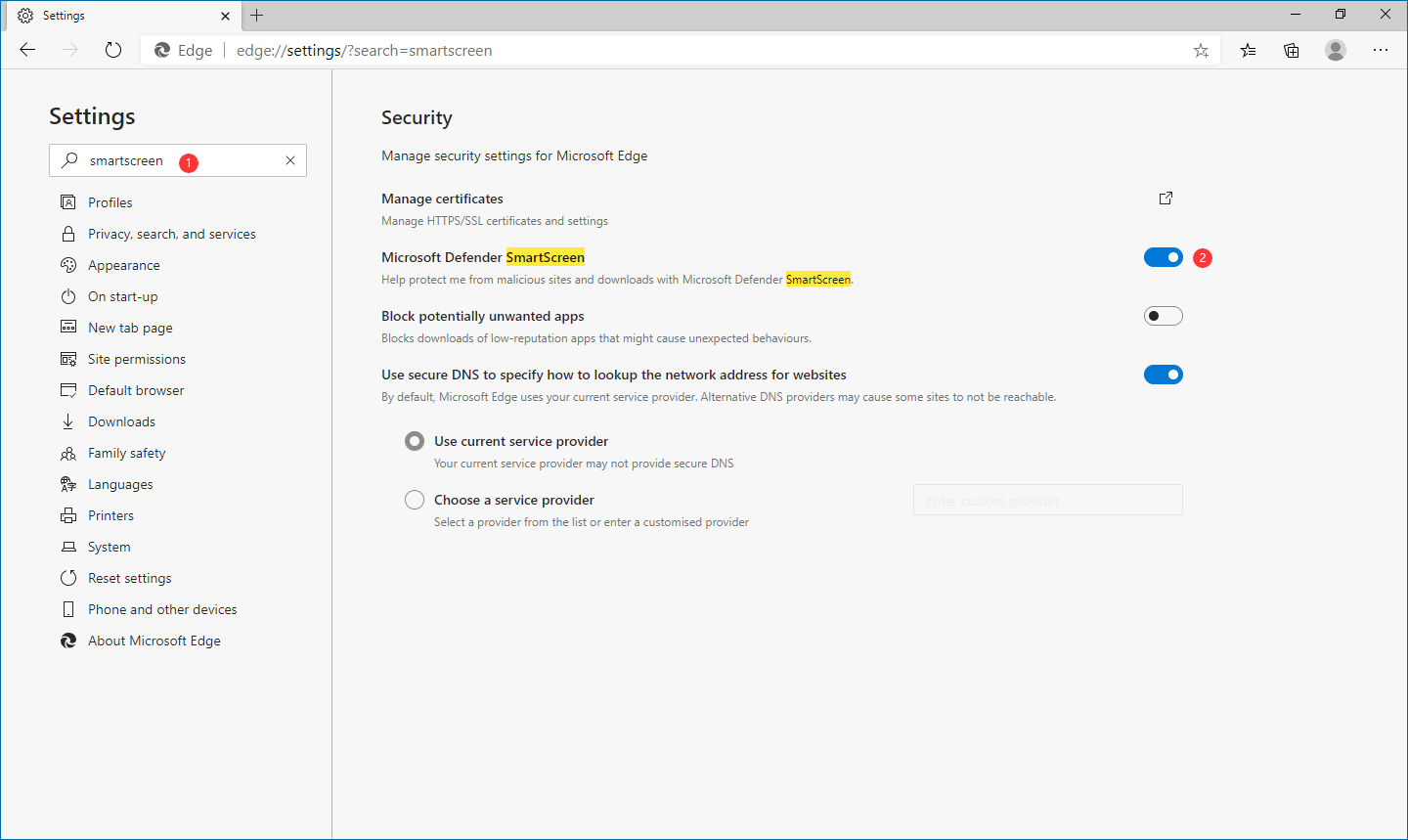 Activer le bouton Microsoft Defender SmartScreen