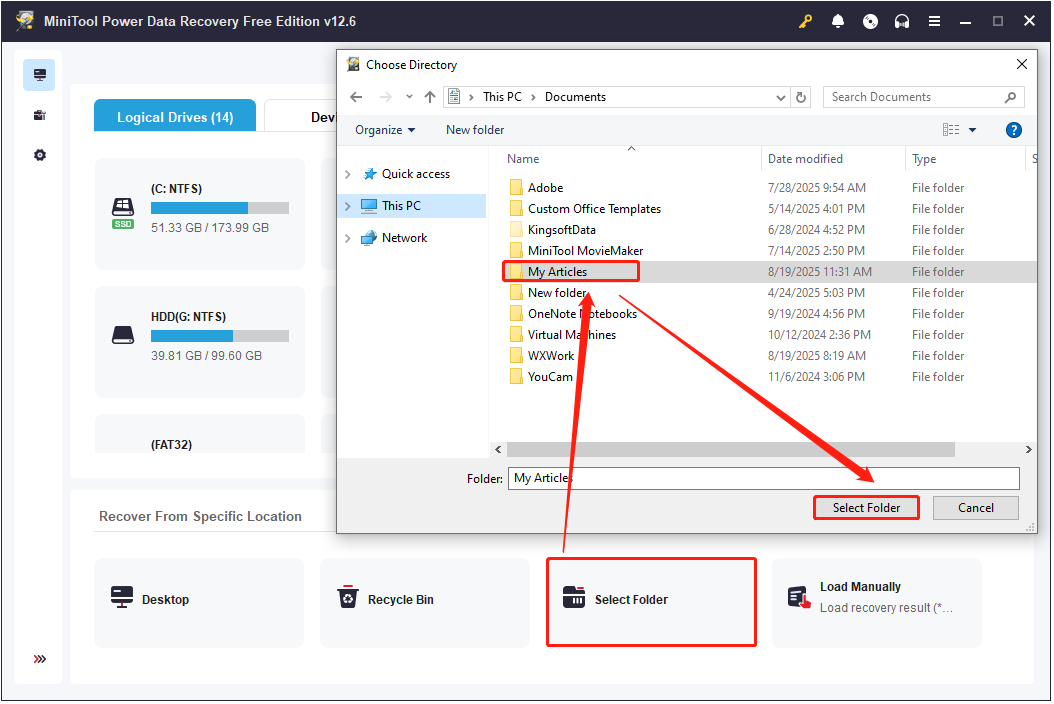 Analysez le dossier Mes articles à la recherche de fichiers Excel dans MiniTool Power Data Recovery.