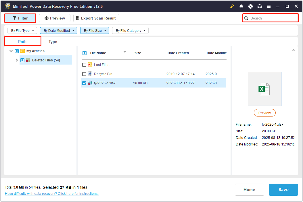 Fonctions de chemin, de filtre et de recherche dans MiniTool Power Data Recovery