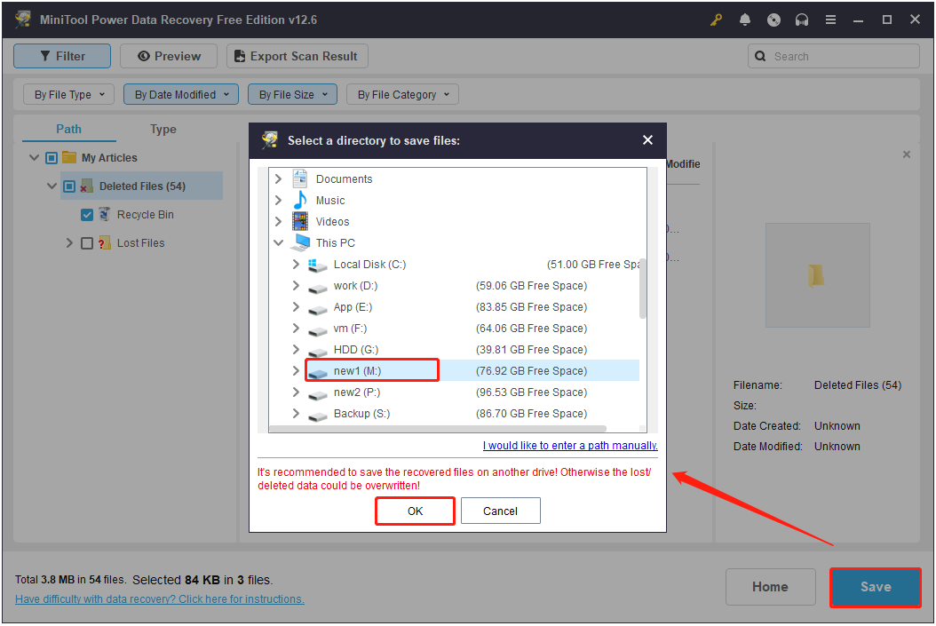 Enregistrez les fichiers cochés à un emplacement dans MiniTool Power Data Recovery