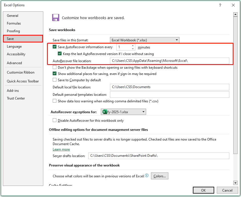 modifier l'intervalle de récupération automatique dans la fenêtre Options Excel