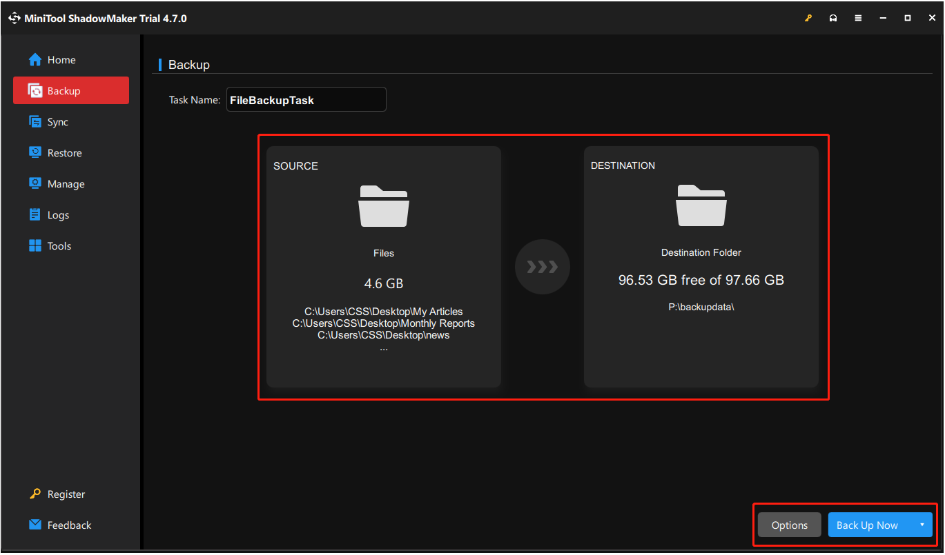 Configurer la source, la destination et les paramètres de sauvegarde dans MiniTool ShadowMaker