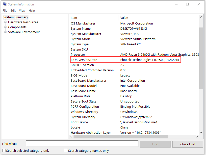 verifique la versión del BIOS en Información del sistema