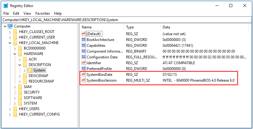 verifique la versión del BIOS en el Registro