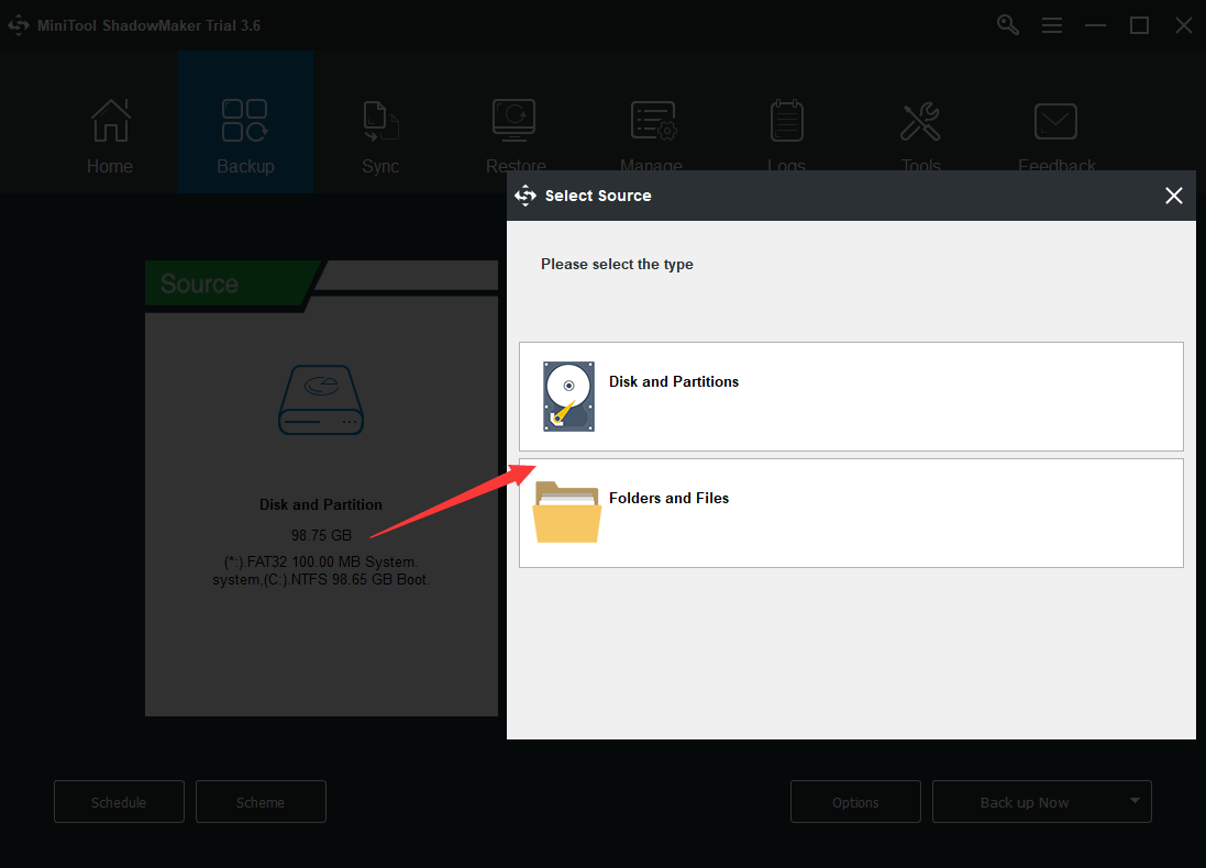 MiniTool ShadowMaker select backup source