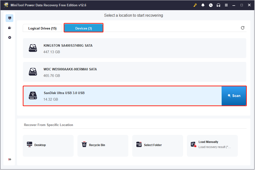 Sélectionnez le lecteur USB pour scanner dans Minitool Power Data Recovery