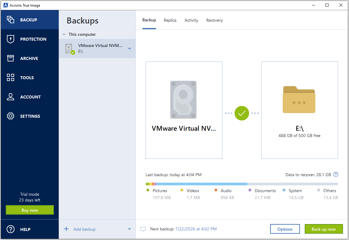 The interface of Acronis True Image.