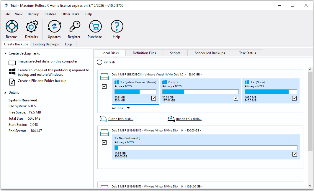 The interface of Macrium Reflect.
