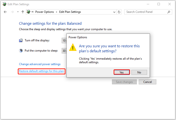The Edit Plan Settings page with selected Restore default settings for this plan and Yes.