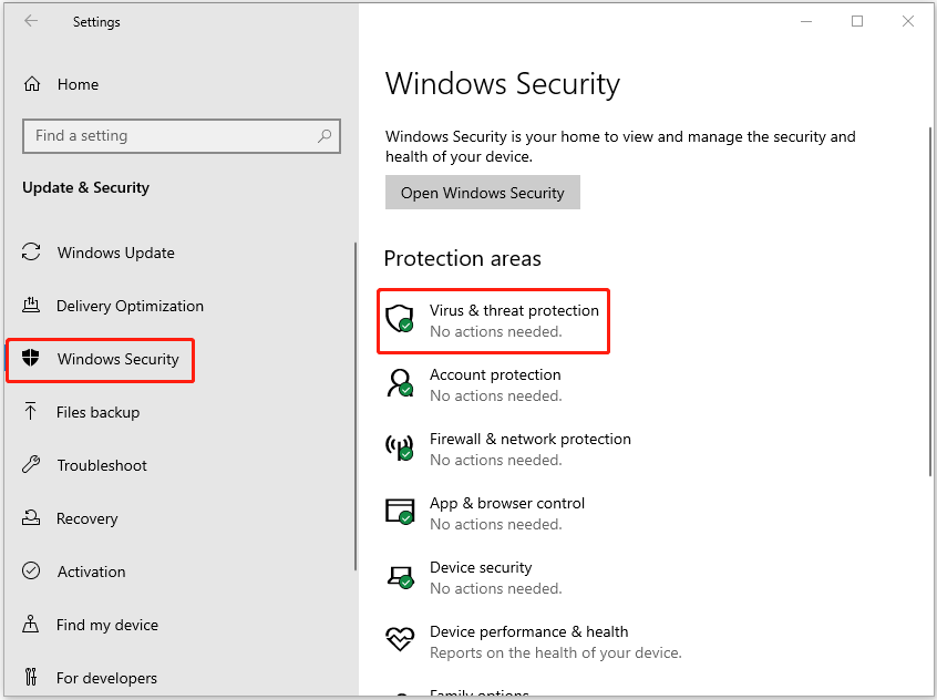 The interface of Settings with selected Windows Security and Virus and threat protection.