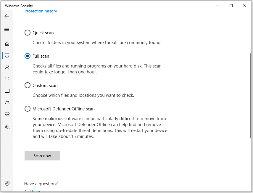 The interface of Windows Security with the different scan types.