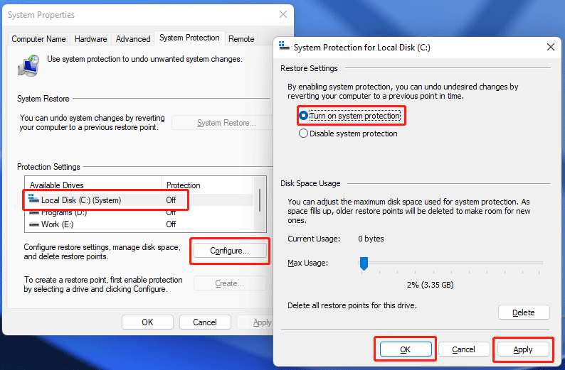 turn on system protection for the system disk
