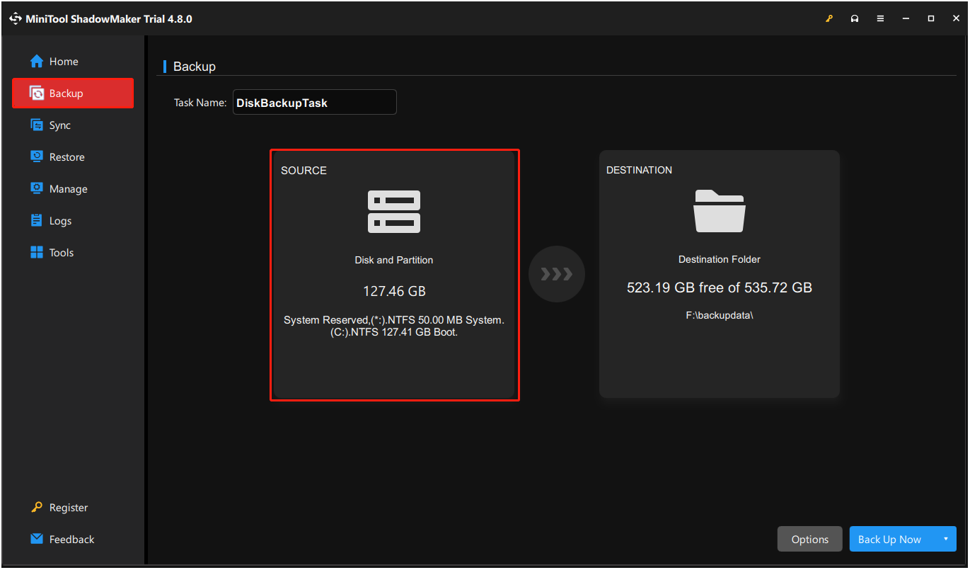Sélectionnez Retour et cliquez sur Source dans MiniTool ShadowMaker