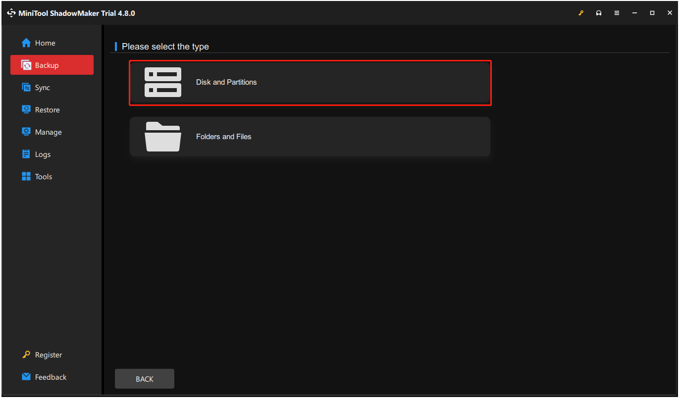 Choisissez le disque et la partition dans MiniTool ShadowMaker