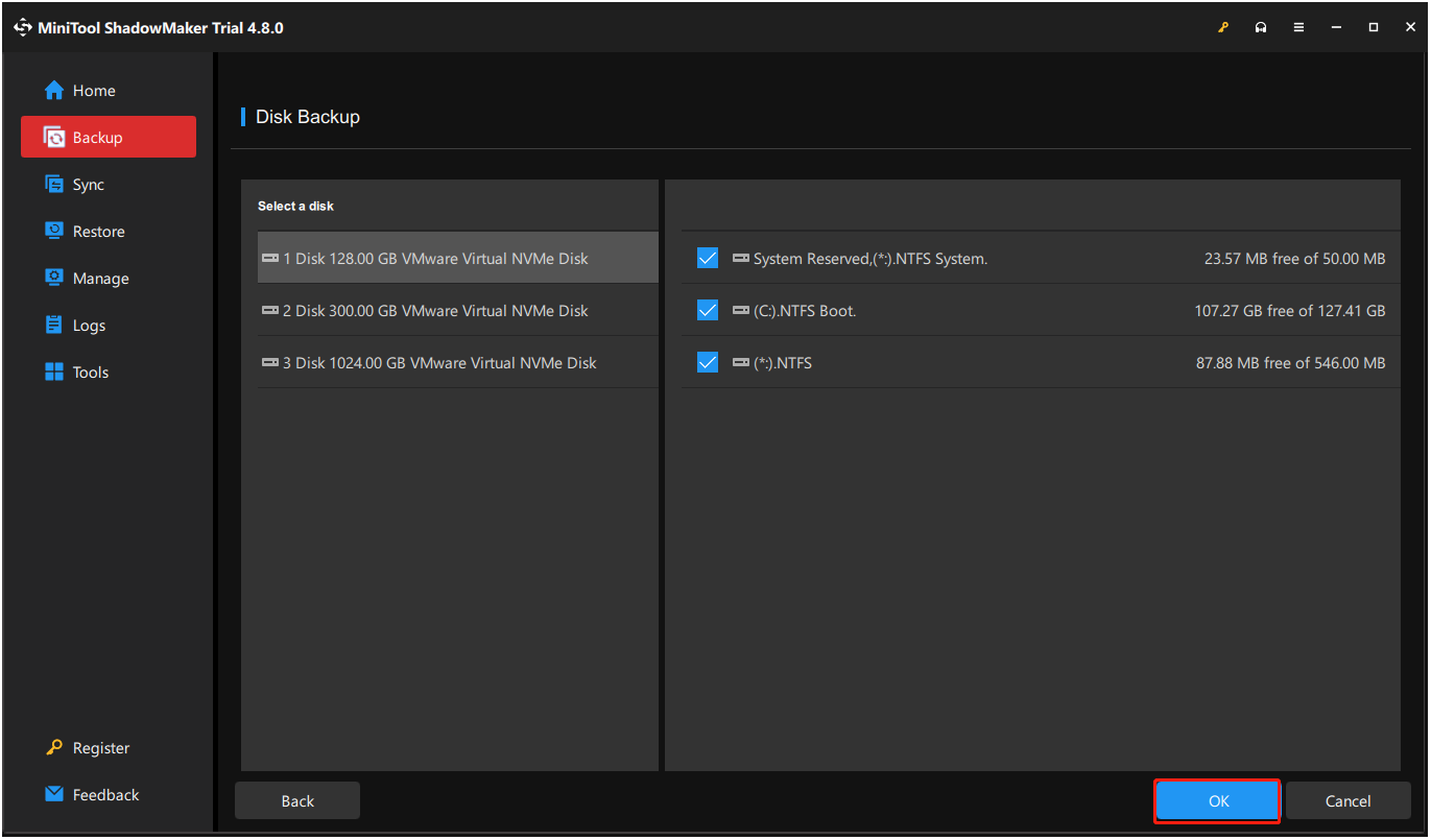 Cochez toutes les partitions nécessaires et cliquez sur OK dans MiniTool ShadowMaker
