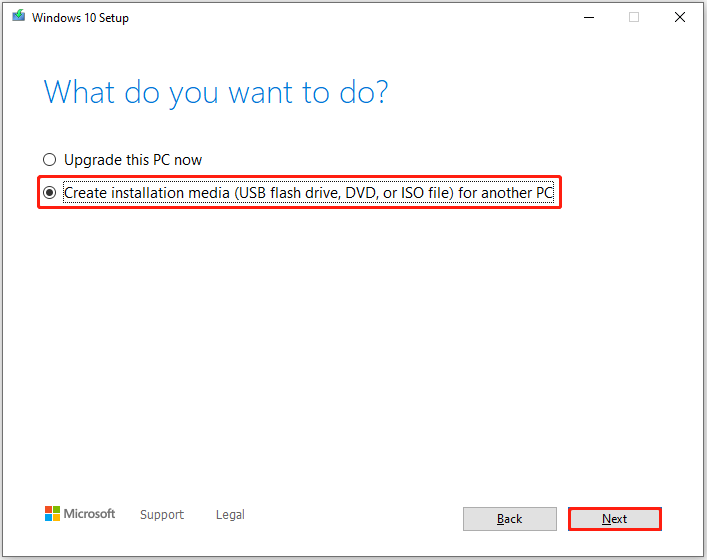 Sélectionnez « Créer un support d’installation (clé USB, DVD ou fichier ISO) pour un autre PC »
