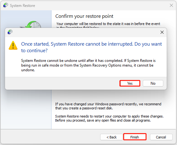 The interface of System Restore with selected Finish and Yes.