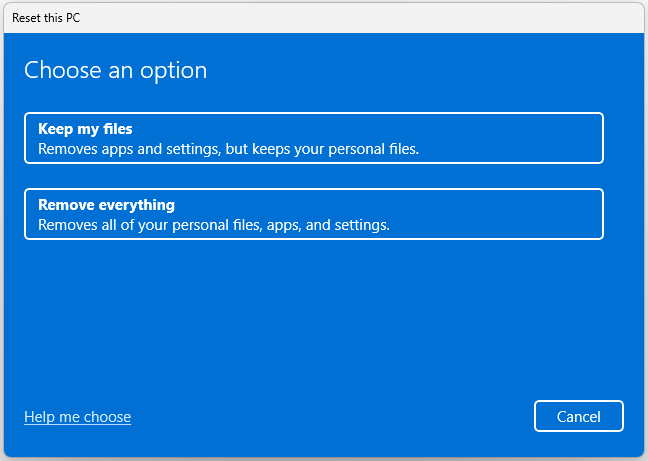 The Choose an option page of Reset this PC.