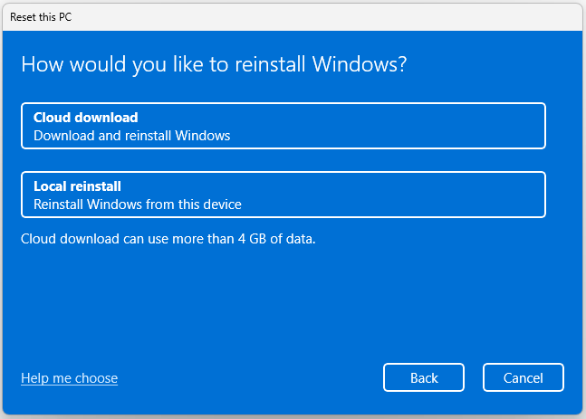 The Cloud download or Local reinstall page of Reset this PC.