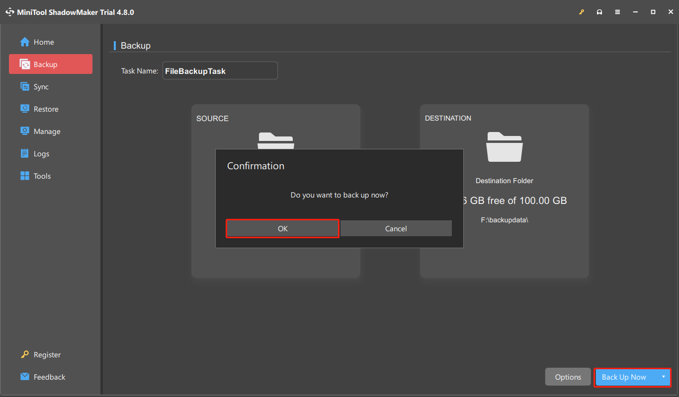 The interface of MiniTool ShadowMaker with selected Back Up Now and OK.