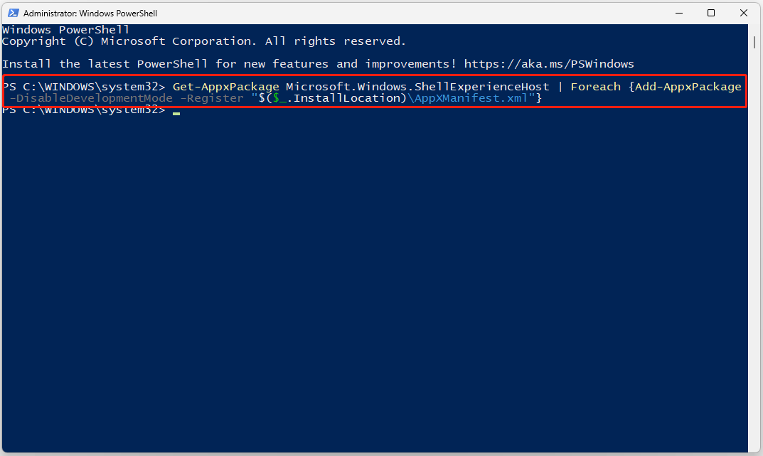 The interface of Administrator: Windows PowerShell with the re-register Start menu command.