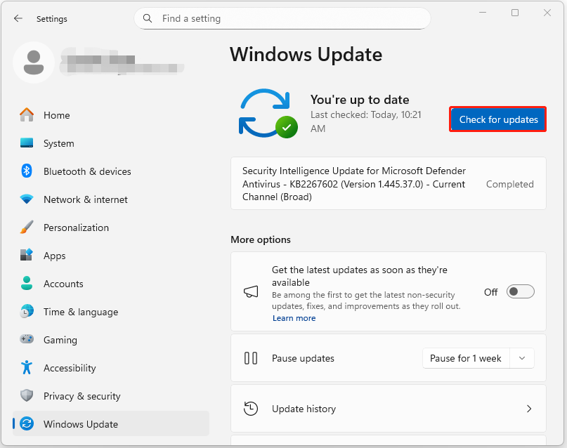 The Windows Update page in Settings with selected Check for updates.