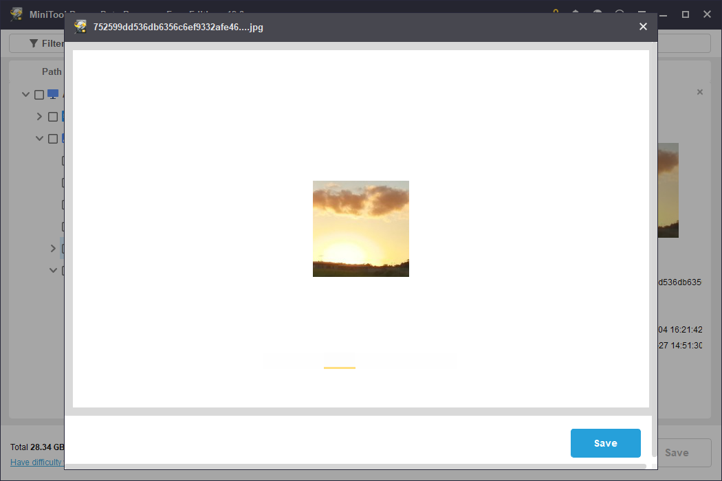 L'interface de prévisualisation de MiniTool Power Data Recovery affiche un coucher de soleil sur l'herbe pour la vérification des fichiers.