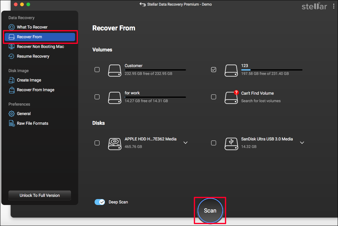 L'interface de Stellar Data Recovery pour Mac affiche les périphériques détectés, avec les options  Récupérer depuis  et  Analyser  sélectionnées.