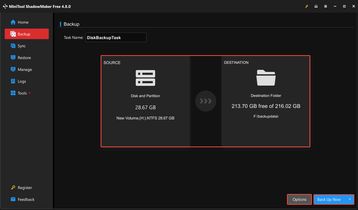 Interface de MiniTool ShadowMaker affichant la SOURCE et la DESTINATION de la sauvegarde, avec les options et Sauvegarder maintenant sélectionnées.