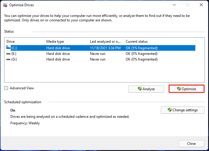 Desfragmentação de disco do Windows 11